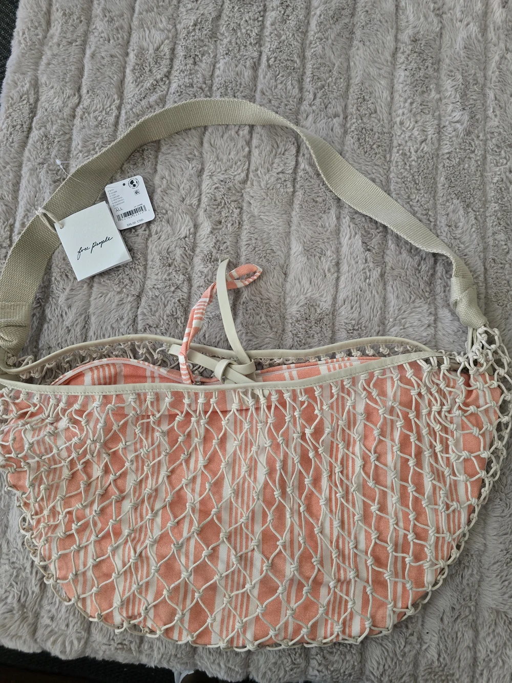 Free People Cream Net Knotted Hobo Shoulder Bag Drawstring Striped Orange Lining